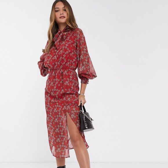 River Island Floral Red Midi Dress w/ Bow Tie Neck Sz 12 - Picture 1 of 16